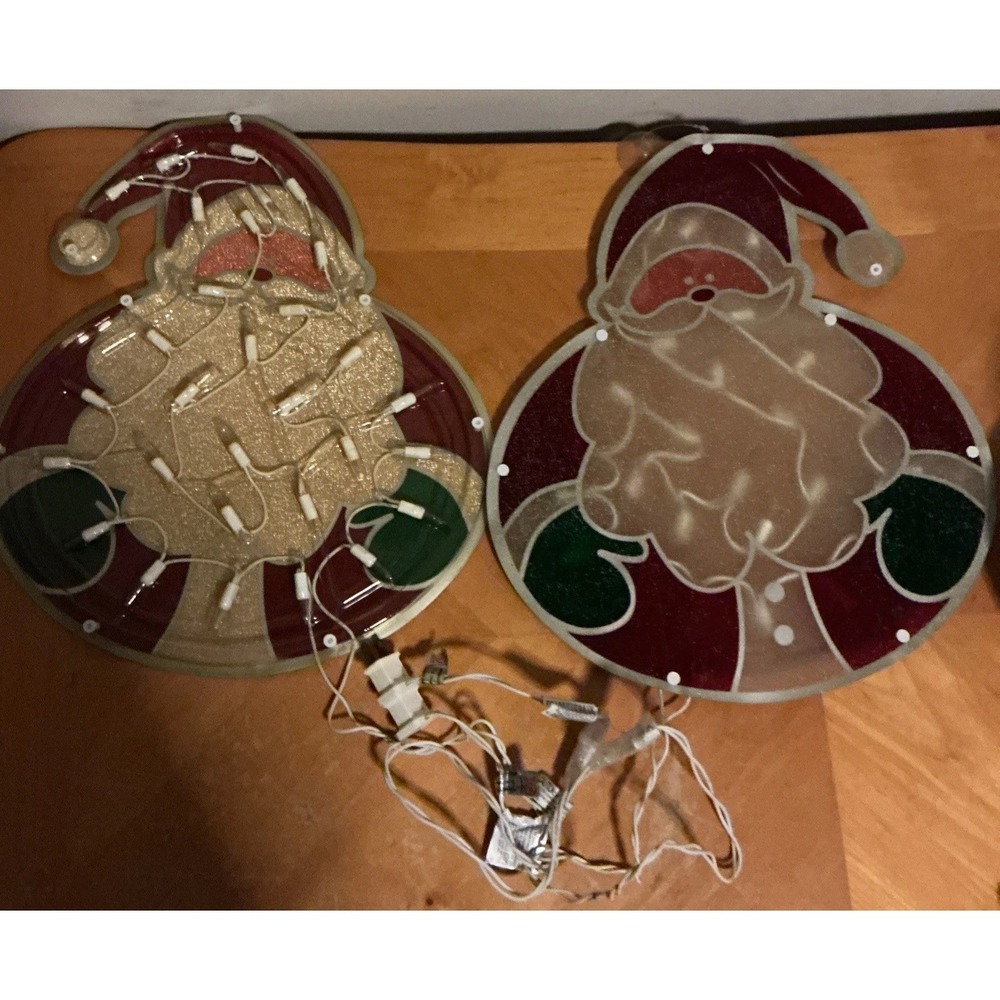 Set Of 2 Vintage Plastic Santa Window Lights, Stain Glass Lime, Tested And Works